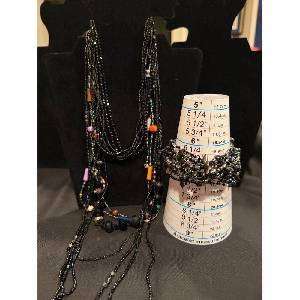 Seeded bead Jewelry set - 3 necklaces and 1 bracelet in black tones